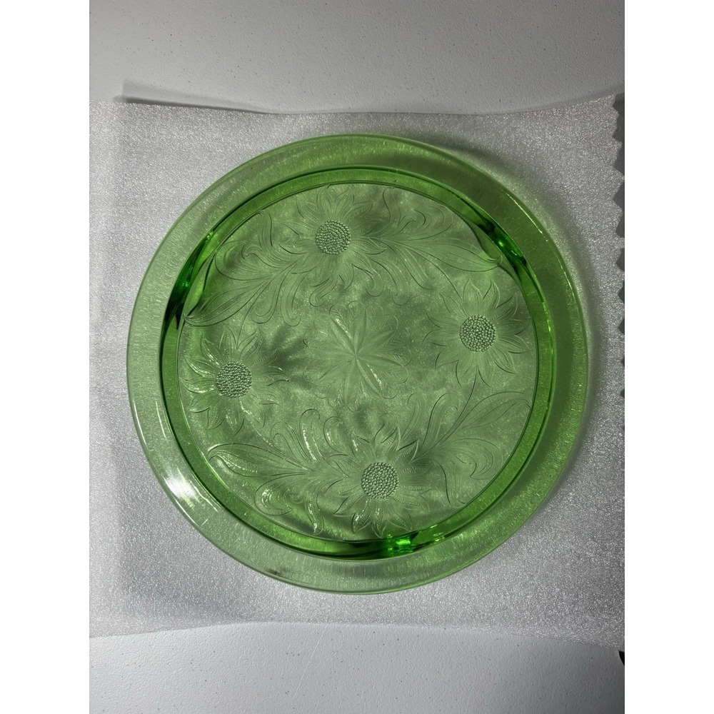 VTG Jeannette Sunflower Cake Plate Green Depression Glass Trivet Platter Glows